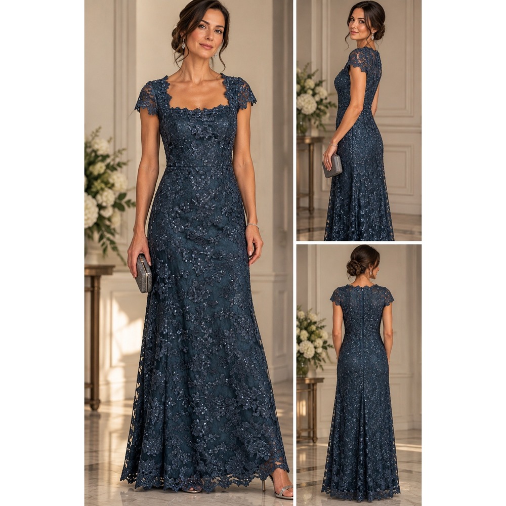 Tadashi Shoji Gown Womens 16 Teal Blue Sequin Lace Formal Mother of the Bride